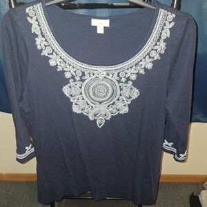 J. Jill Midnight Blue Top with White Embroidery